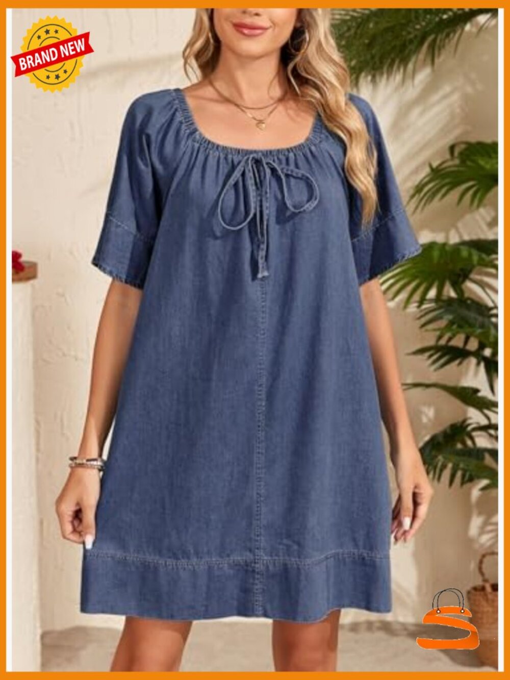 Lightweight Flowy Denim Dress Square Neck Short Sleeve Tie Knot Front - Picture 3 of 7